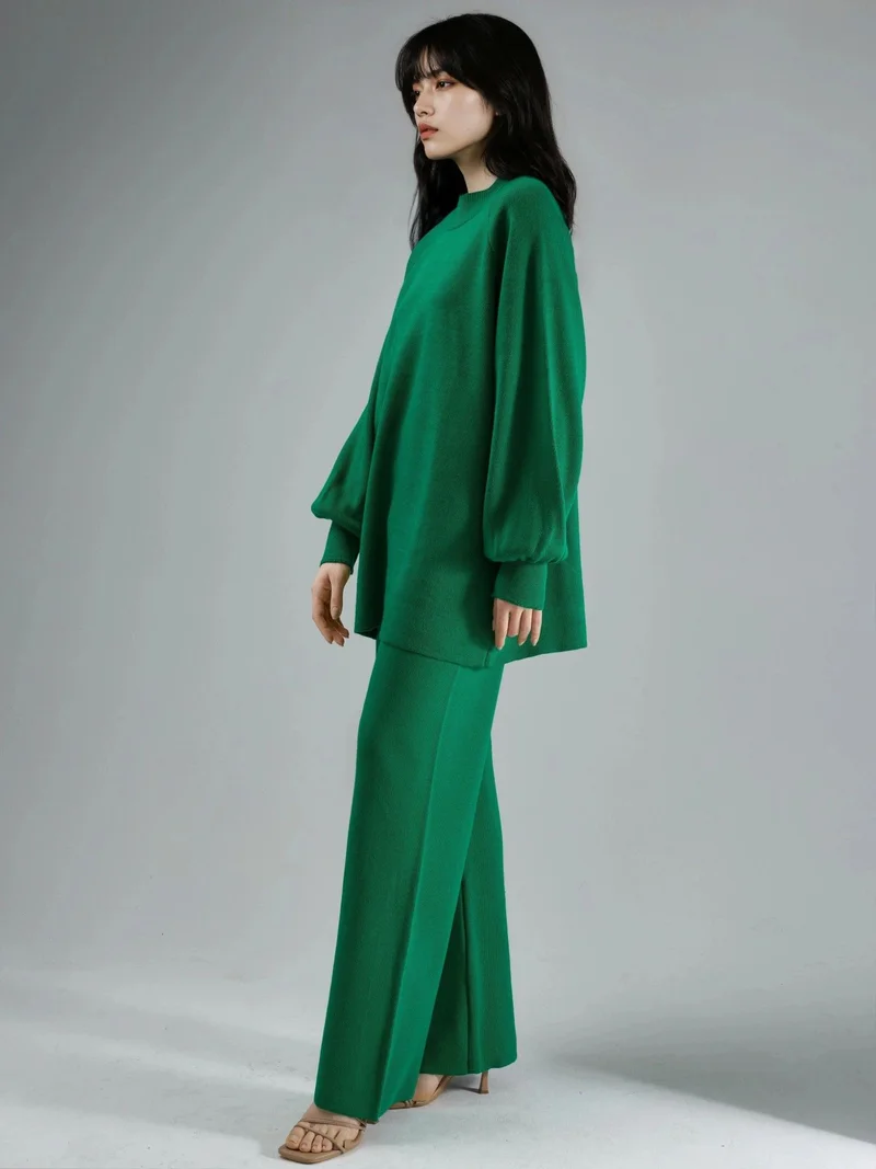 MY FASHION Pine Green MY FASHION Loose Fit Sweater & Pants Knit Co-ord Set for Women | Best Price UAE
